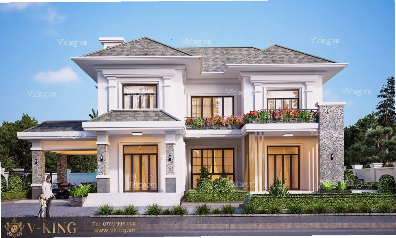Mặt tiền biệt thự nhà vườn hiện đại với cây xanh bao quanh