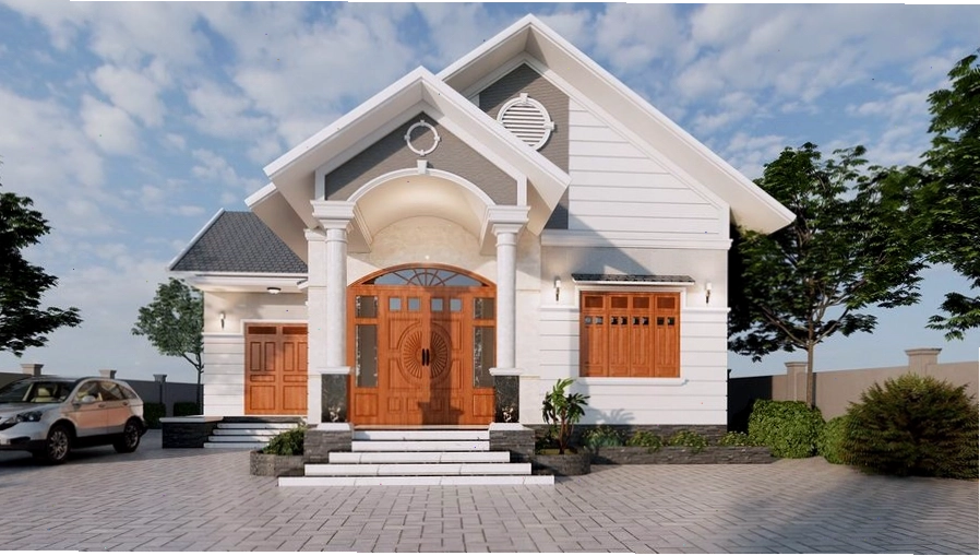 Mặt tiền nổi bật với hệ cột và cửa gỗ tự nhiên sang trọng