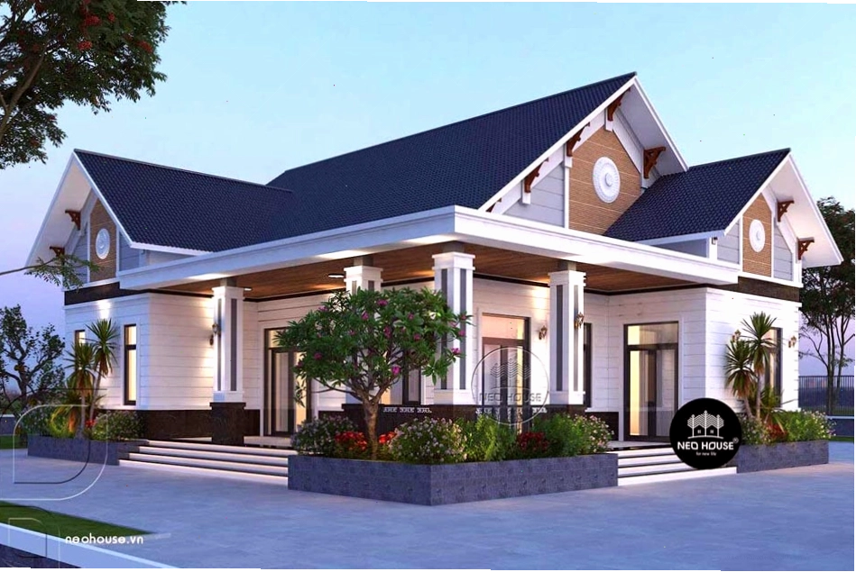 Mẫu biệt thự vườn 1 tầng 3 phòng ngủ với thiết kế mái thái đẹp mắt