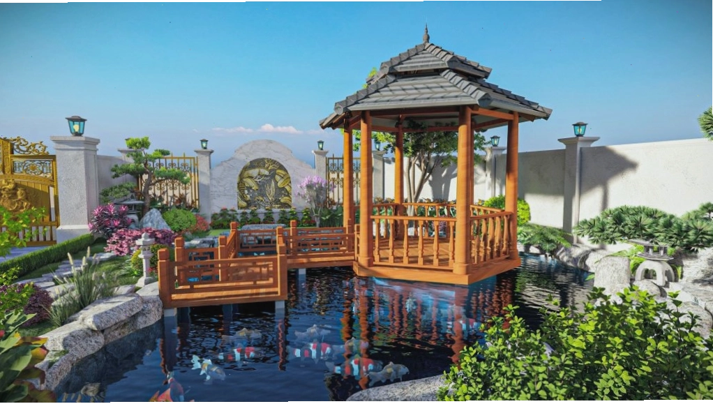 Mẫu nhà chòi sân vườn đẹp với mái ngói đỏ và khung gỗ vững chắc