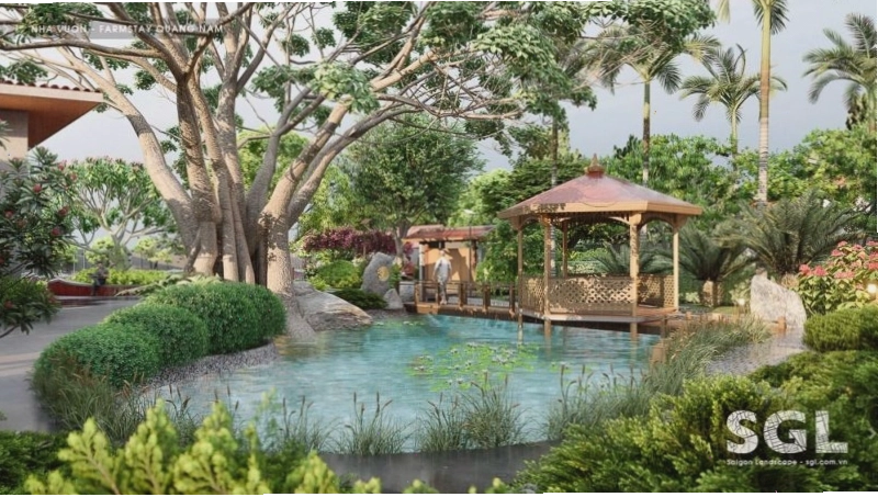 Mẫu nhà gỗ sân vườn đẹp kết hợp hồ cá