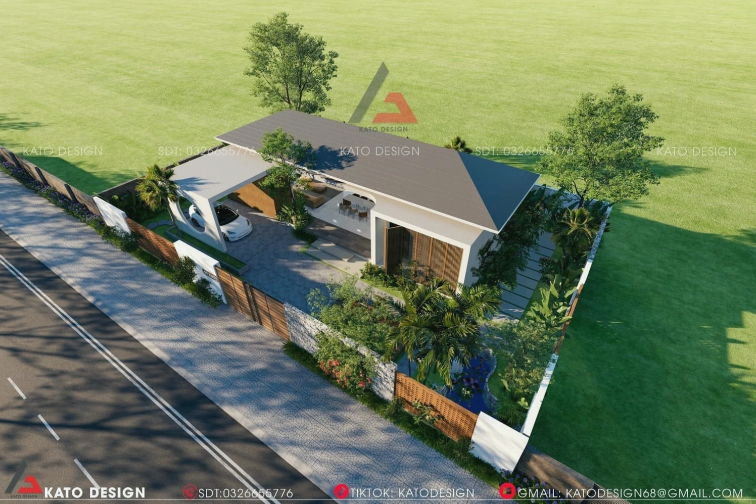 Mẫu nhà vườn 1 tầng hiện đại với sân vườn xanh mát