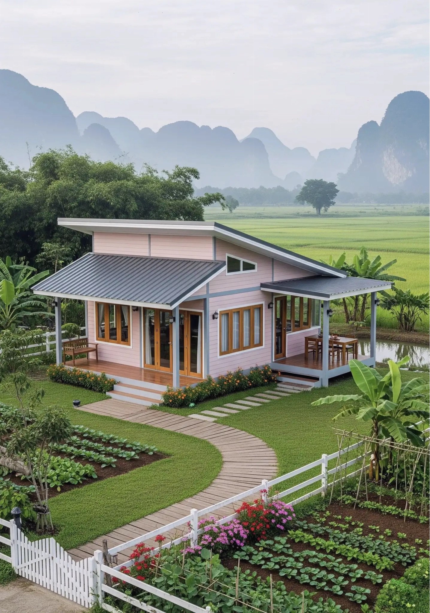 Mẫu Nhà Vườn Cấp 4 Mái Lệch Hiện Đại Giản Dị Giữa Đồng Quê