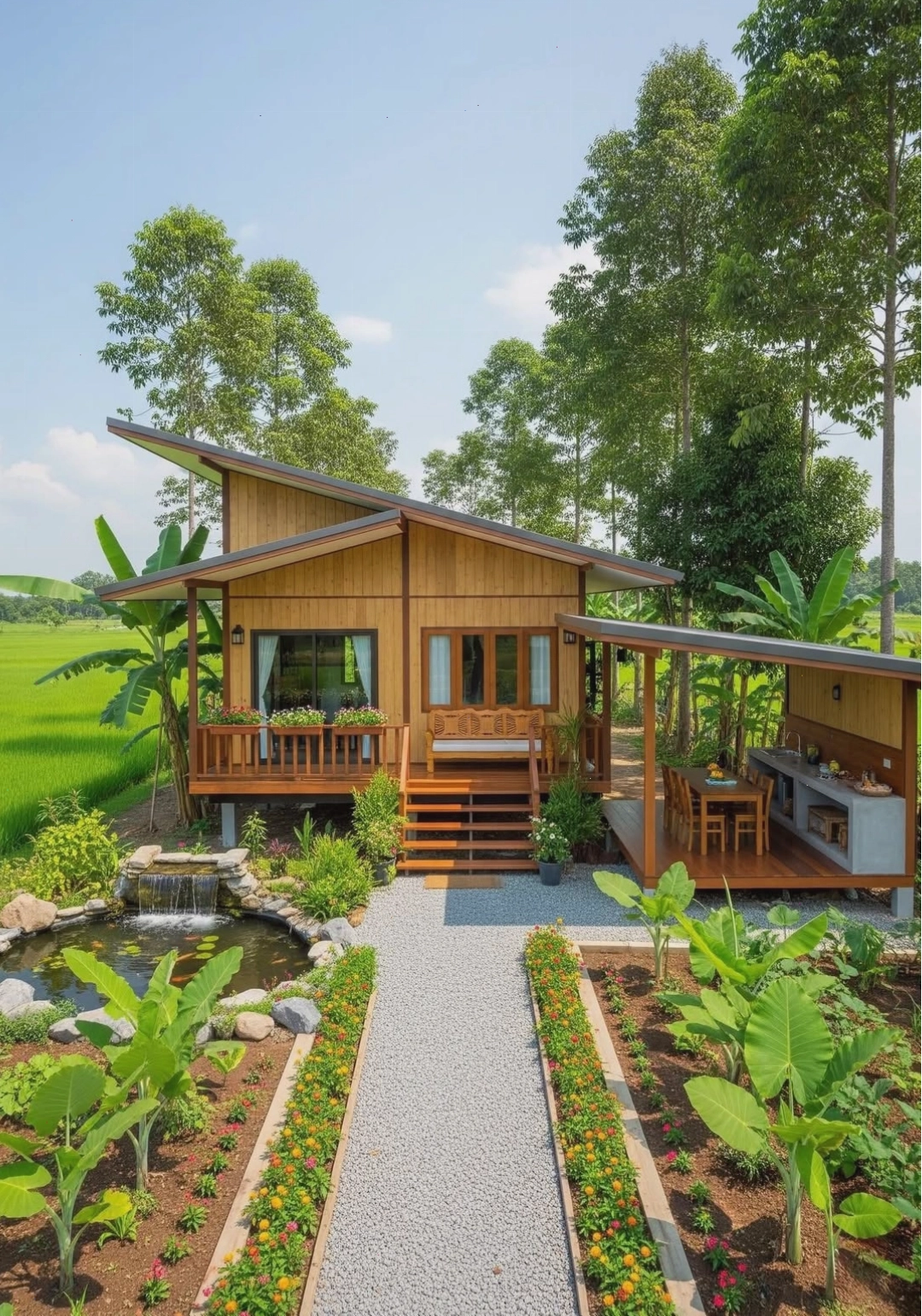 Mẫu nhà vườn cấp 4 mái lệch mộc mạc và gần gũi thiên nhiên