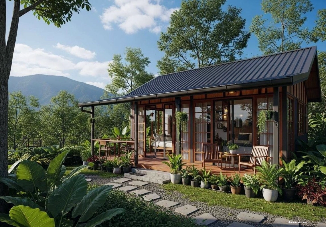 Mẫu nhà vườn cấp 4 nông thôn mang phong cách mộc mạc nhưng hiện đại