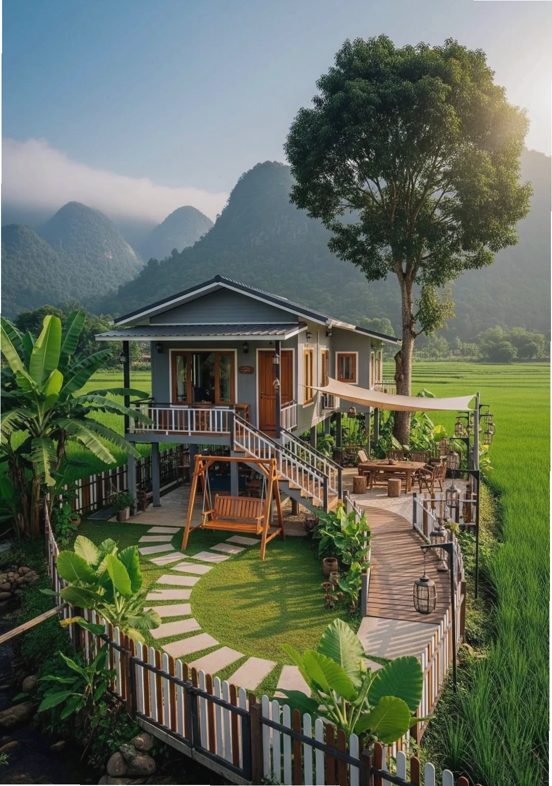 Mẫu nhà vườn cấp 4 nông thôn thiết kế dạng nhà sàn hiện đại