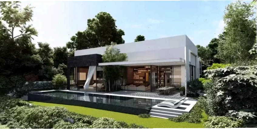 Mẫu nhà vườn đẹp với vật liệu gỗ và đá tự nhiên