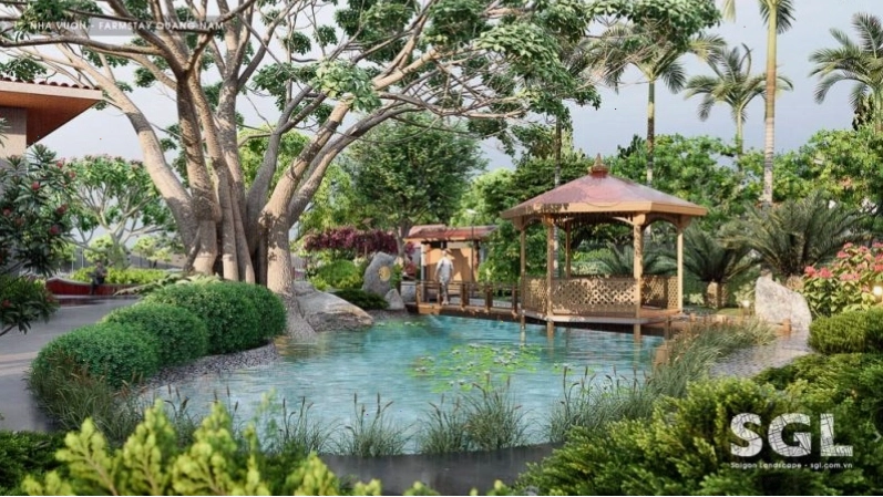 Mẫu thiết kế nhà vườn hiện đại có chòi nghỉ và hồ cá lớn