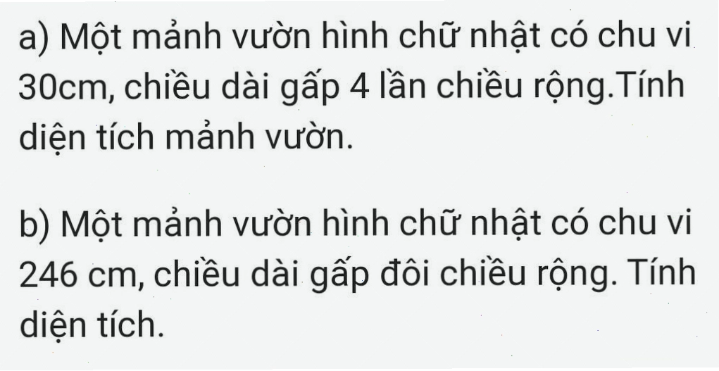 Một mảnh vườn hình chữ nhật với các kích thước chiều dài và chiều rộng được ghi rõ