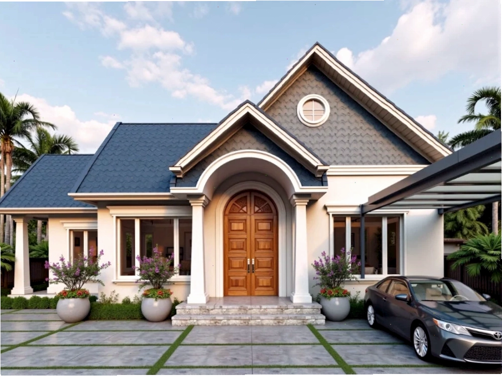 Ngôi nhà vườn cấp 4 mái Thái tân cổ điển với cửa gỗ nổi bật và sân lát đá hiện đại