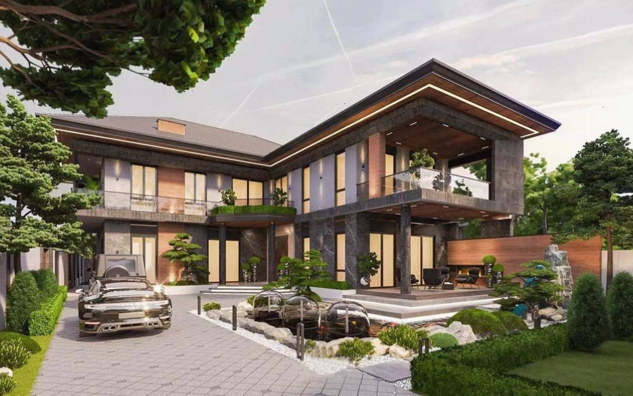 Nhà biệt thự sân vườn mái Nhật kết hợp hồ cá