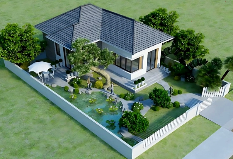 Nhà cấp 4 hình chữ L 2 phòng ngủ kết hợp tiểu cảnh xanh mát