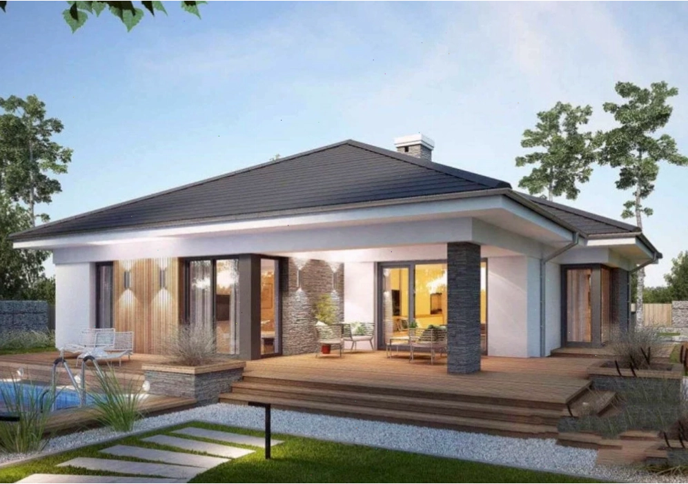 Nhà cấp 4 mái Nhật 1 phòng ngủ với vật liệu ốp gỗ