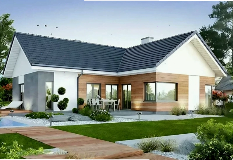 Nhà cấpL bố trí bộ bàn ghế ngoài trời, tường ốp đá tự nhiên tạo không gian gắn kết