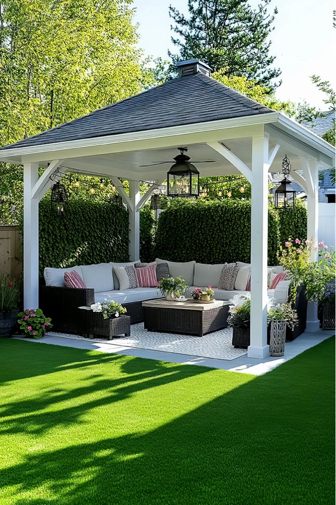 Nhà mát sân vườn làm bằng gỗ tự nhiên với thiết kế mái hiên rộng rãi