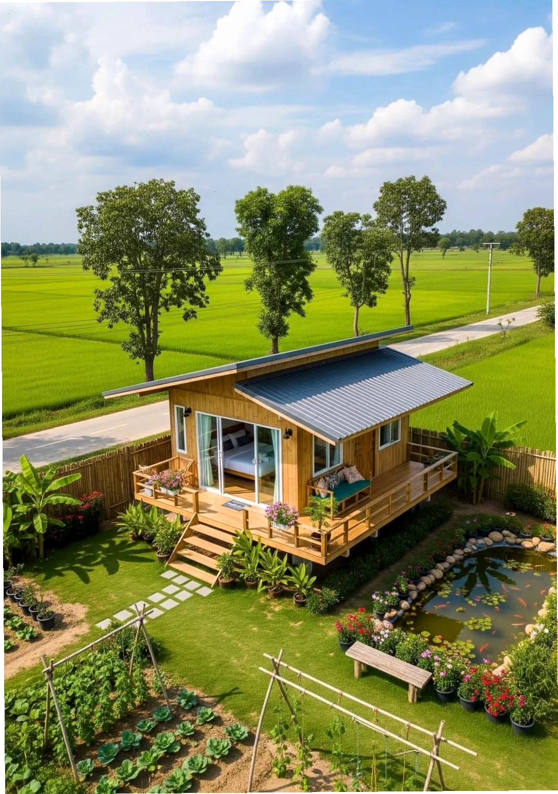 Nhà vườn cấp 4 nông thôn nhỏ gọn, mái lệch hiện đại