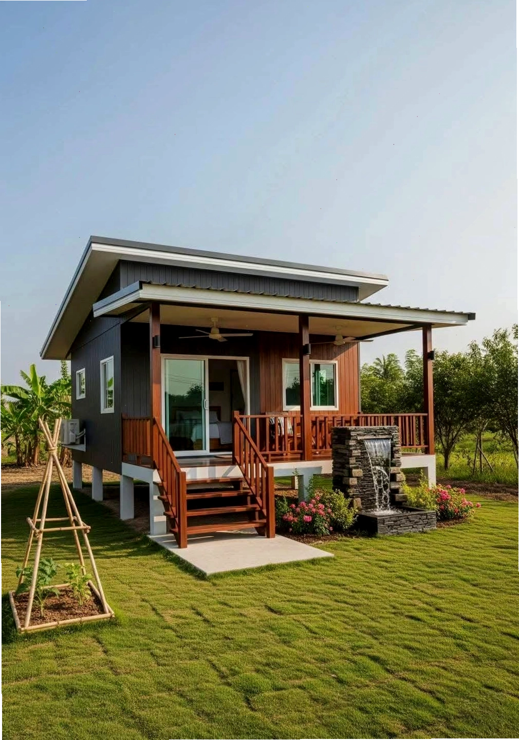 Nhà vườn cấp 4 nông thôn với thiết kế hiện đại, mái lệch độc đáo và sân vườn xanh mát
