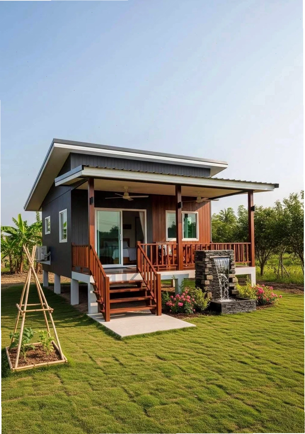 Nhà vườn cấp 4 nông thôn với thiết kế mái lệch độc đáo và sân vườn xanh mát