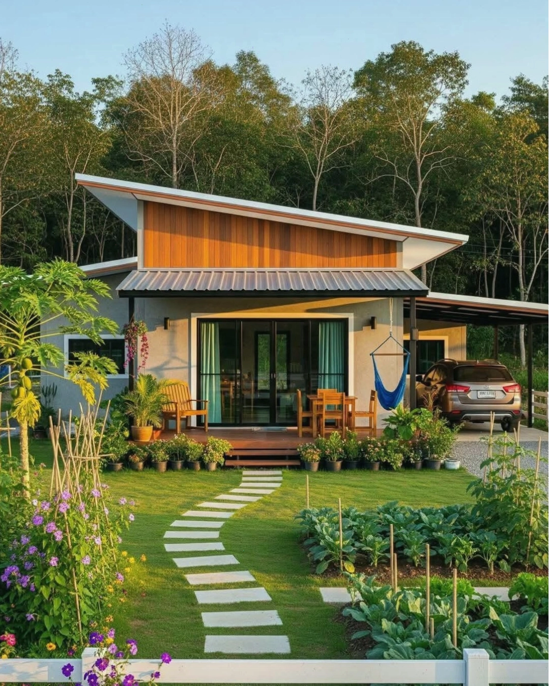 Nhà vườn cấp 4 nông thôn với thiết kế mái lệch hiện đại