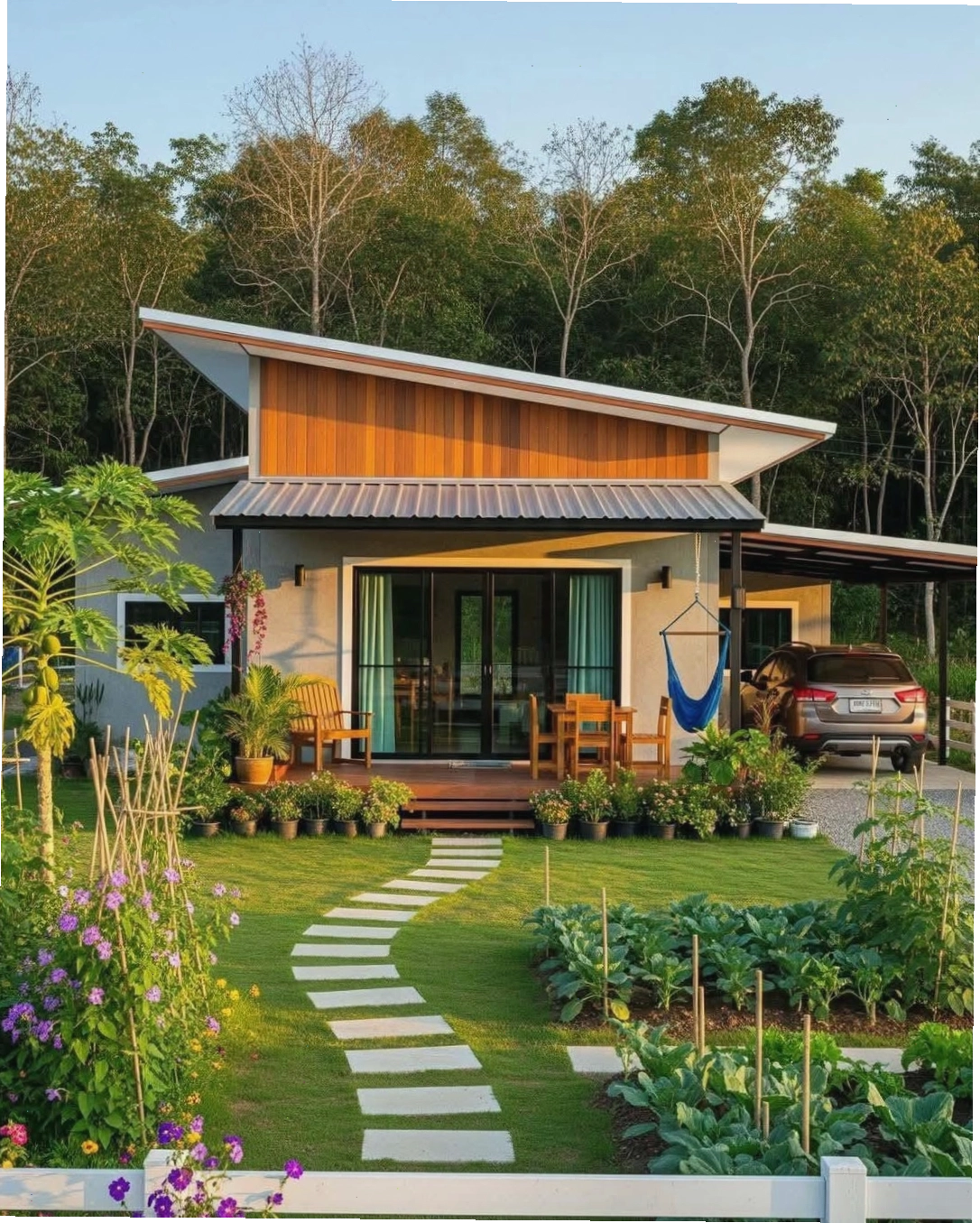 Nhà vườn cấp 4 nông thôn với thiết kế mái lệch hiện đại