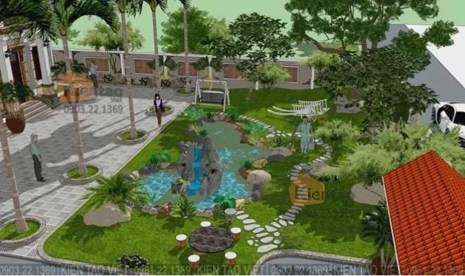 Phối cảnh biệt thự nhà vườn 1000m2 với không gian sân vườn xanh mát