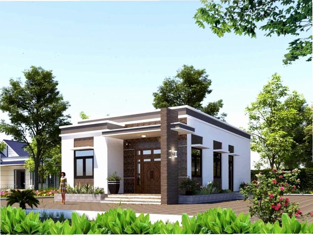 Phối cảnh nhà vườn cấp 4 mái bằng tạo hiệu ứng tương phản hiện đại và ấm áp