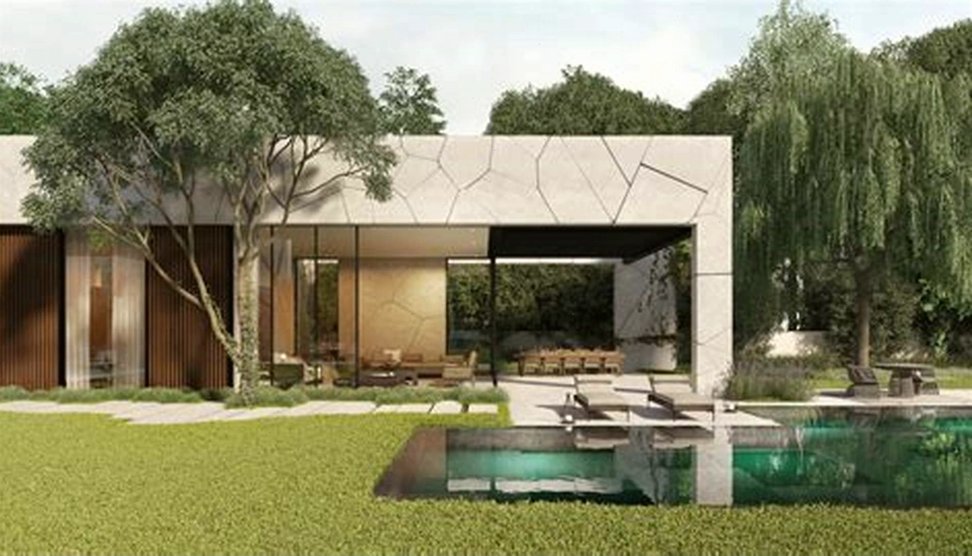 Phối cảnh nhà vườn miền tây với ao cá và cây trái trĩu quả