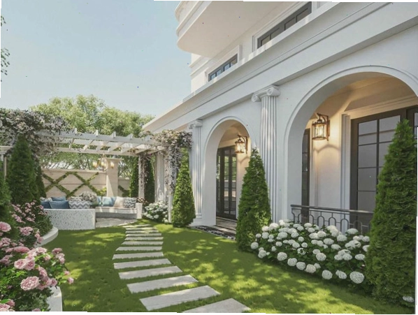 Sân vườn biệt thự tân cổ điển với sự kết hợp của cây xanh và các chi tiết kiến trúc tinh xảo