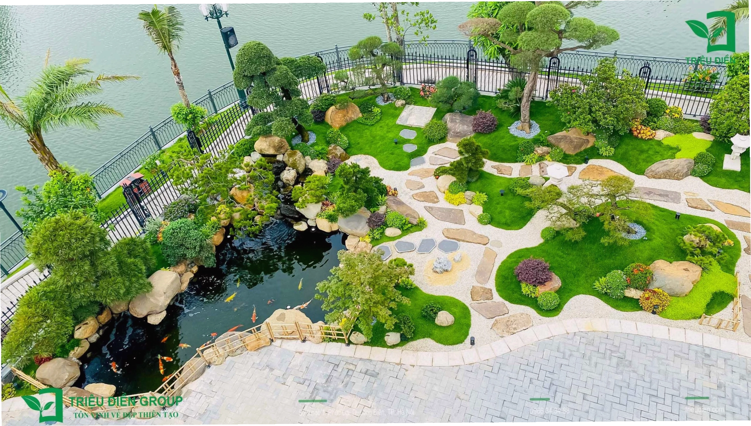 Sân vườn phong cách Nhật với hồ cá Koi và cây tùng la hán