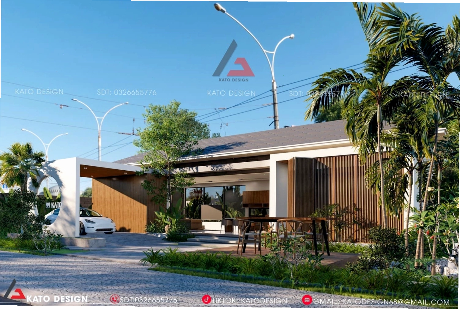 Sân vườn xanh mát bên ngoài nhà 1 tầng hiện đại