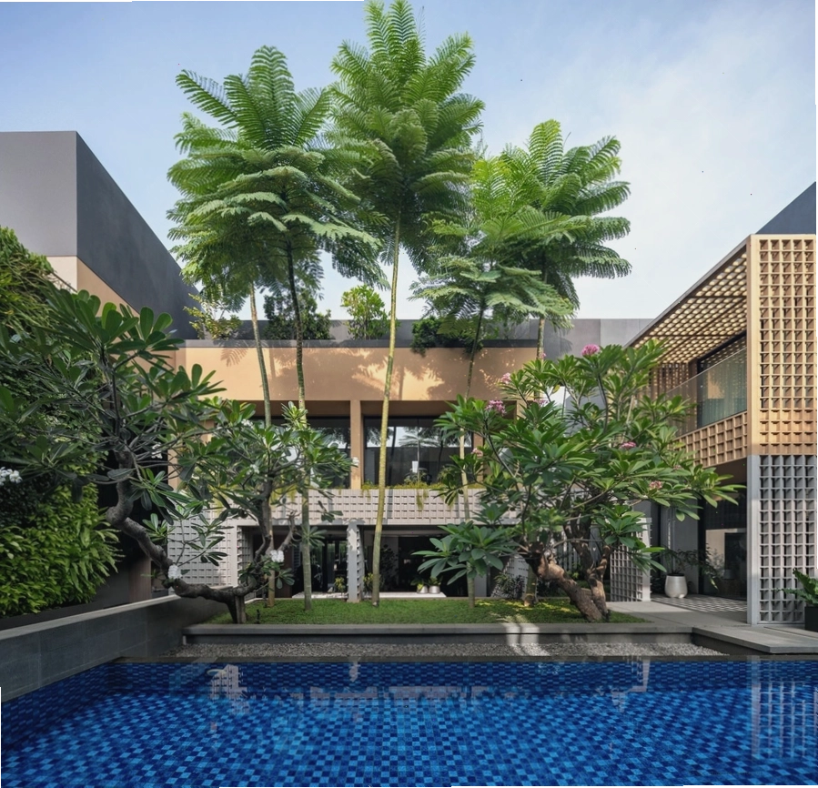 Sự hài hòa giữa cây xanh và hồ bơi trong thiết kế sân vườn