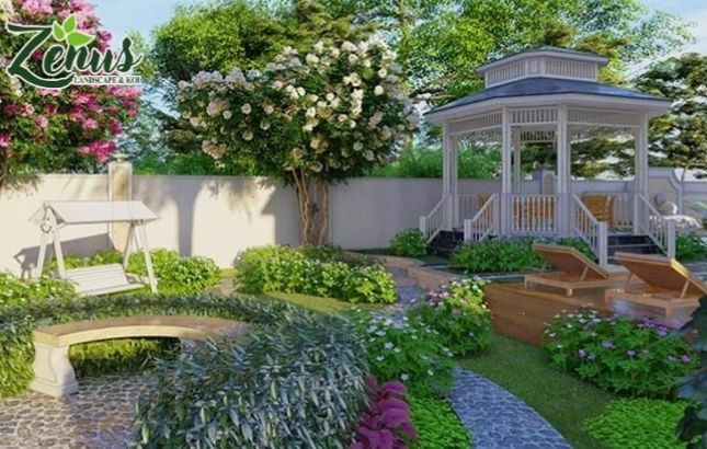 Thi công sân vườn hiện đại với nhiều loại cây xanh và hoa cỏ