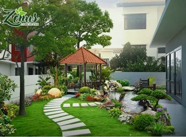 Thi công sân vườn với chòi nghỉ hiện đại