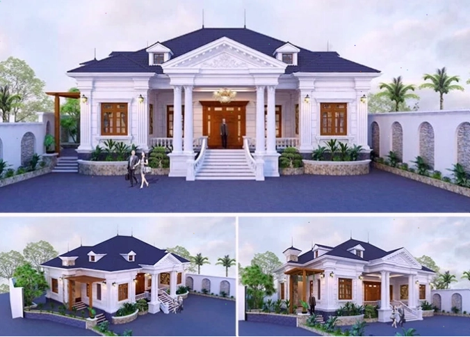 Thiết kế 3D biệt thự 1 tầng tân cổ điển sân vườn