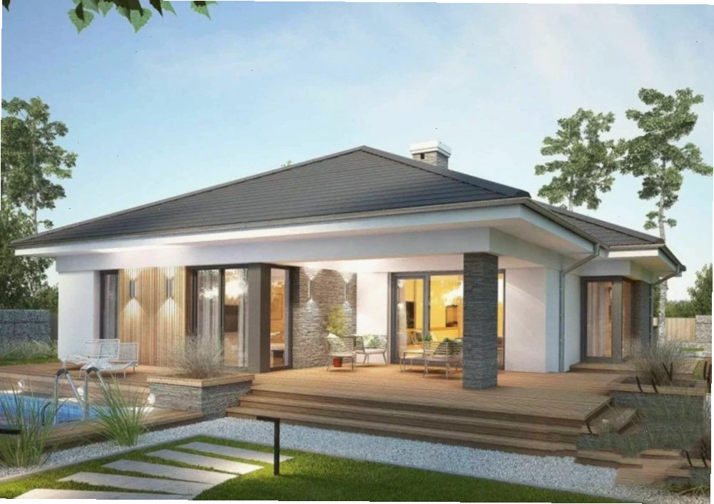 Thiết kế nhà cấp 4 mái Nhật 1 phòng ngủ sử dụng vật liệu ốp gỗ và ngói màu xám