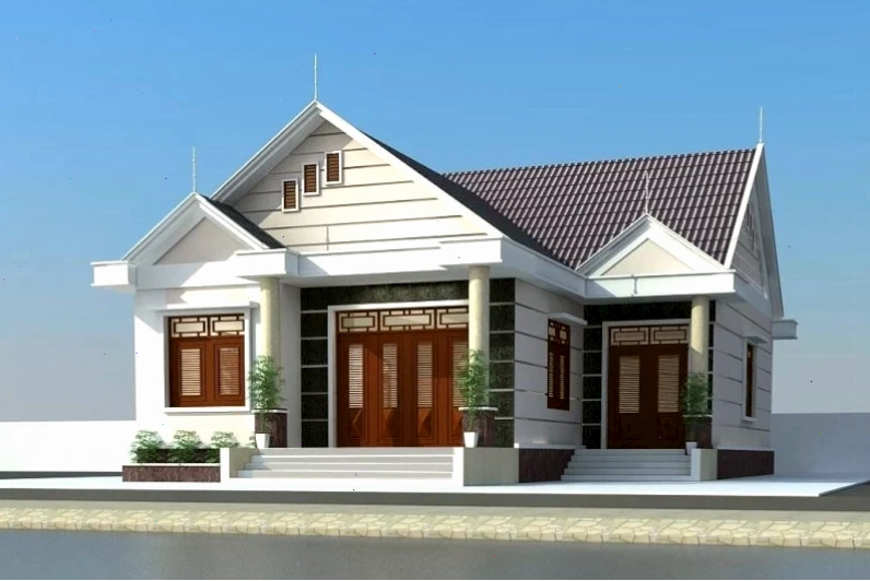 Thiết kế nhà cấpL mái Thái tông màu trắng chủ đạo, mái đỏ nổi bật
