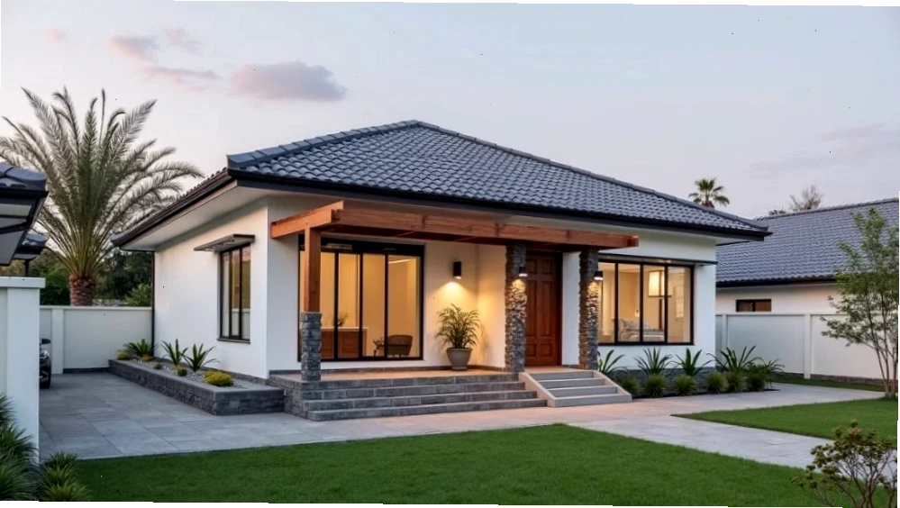 Thiết kế nhà vườn cấp 4 với mái Nhật, hiên rộng và sân vườn xanh mướt