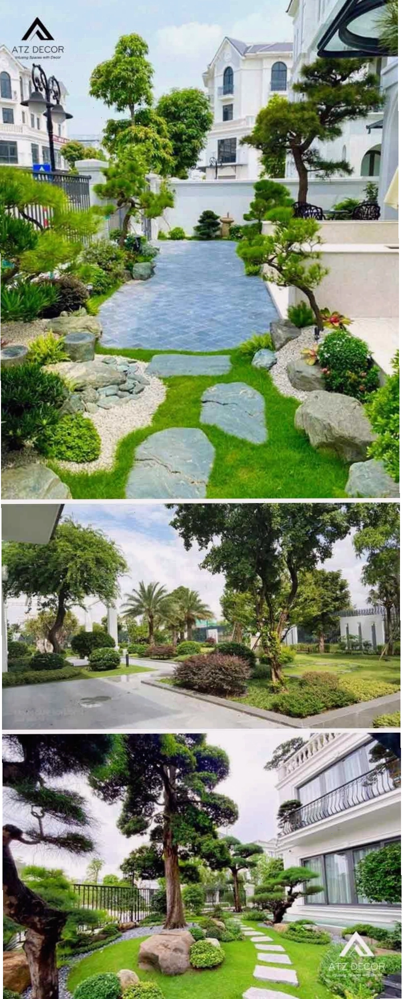 Tiểu cảnh sân vườn trước nhà biệt thự với cây cảnh lớn và hồ nước