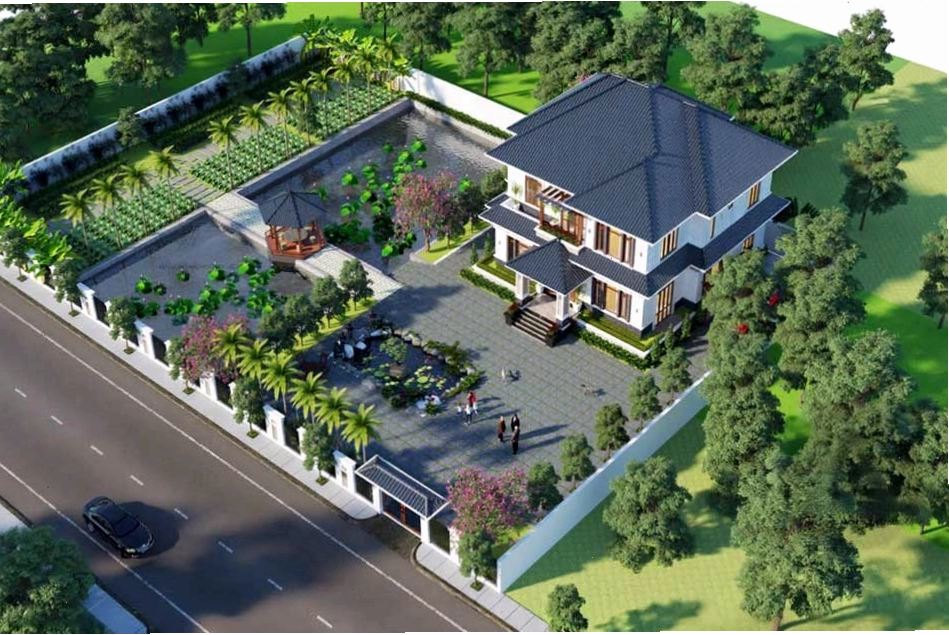 Tiểu cảnh sân vườn với cây xanh và lối đi tạo cảm giác gần gũi