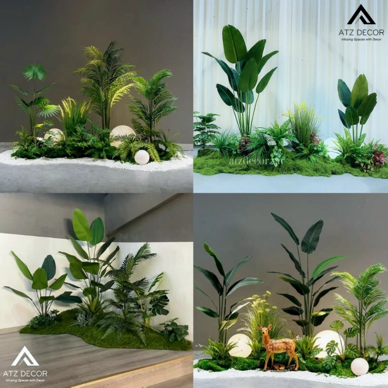 Tiểu cảnh trước nhà đẹp với cây xanh và đá
