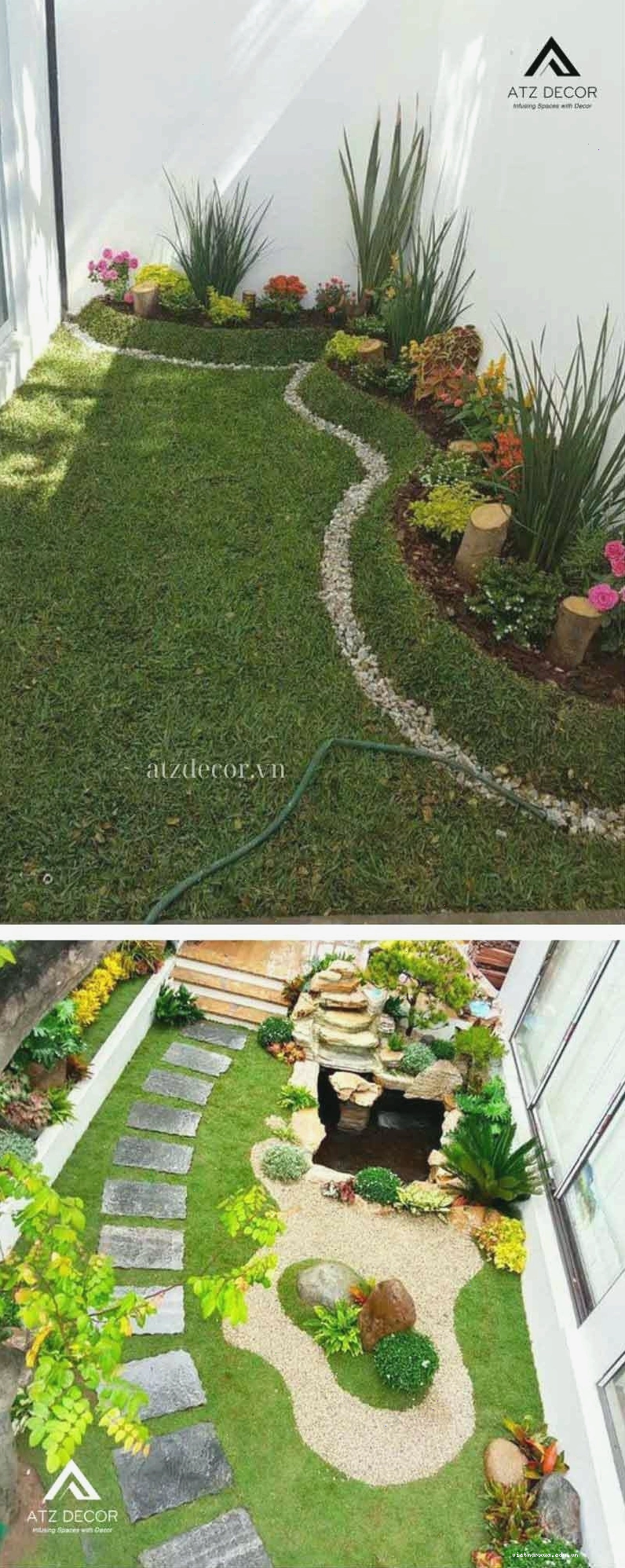Tiểu cảnh trước sân nhà với cây xanh và đá tự nhiên