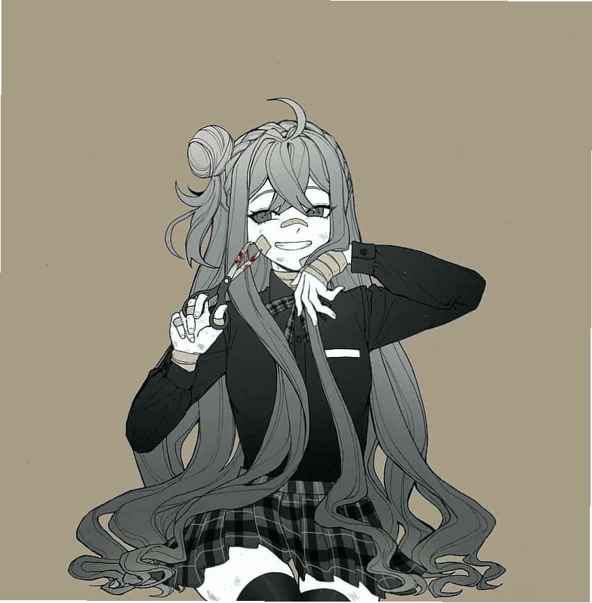 Anime girl with long grey hair and bloody knife