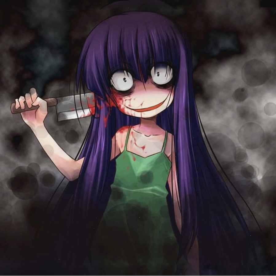 Creepy anime girl with purple hair and bloody knife