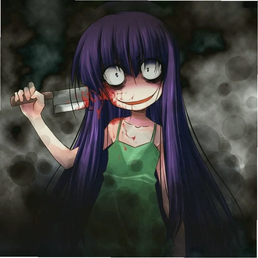 Creepy anime girl with purple hair in smoky setting