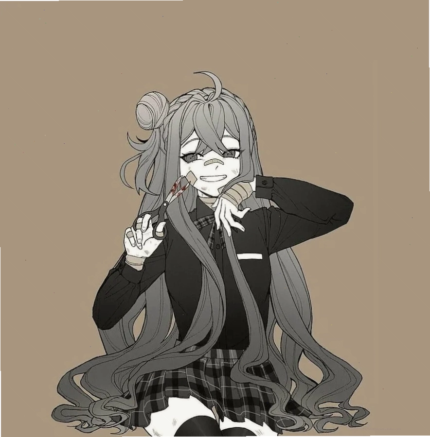 Grinning anime girl with grey hair holding a knife
