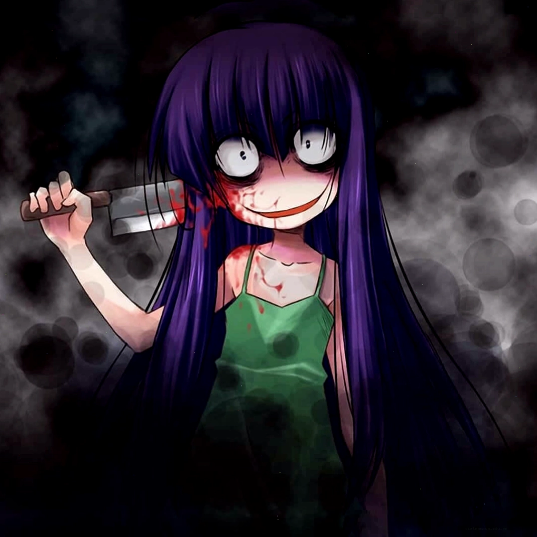 Purple haired anime girl with bloody weapon in dark smoke