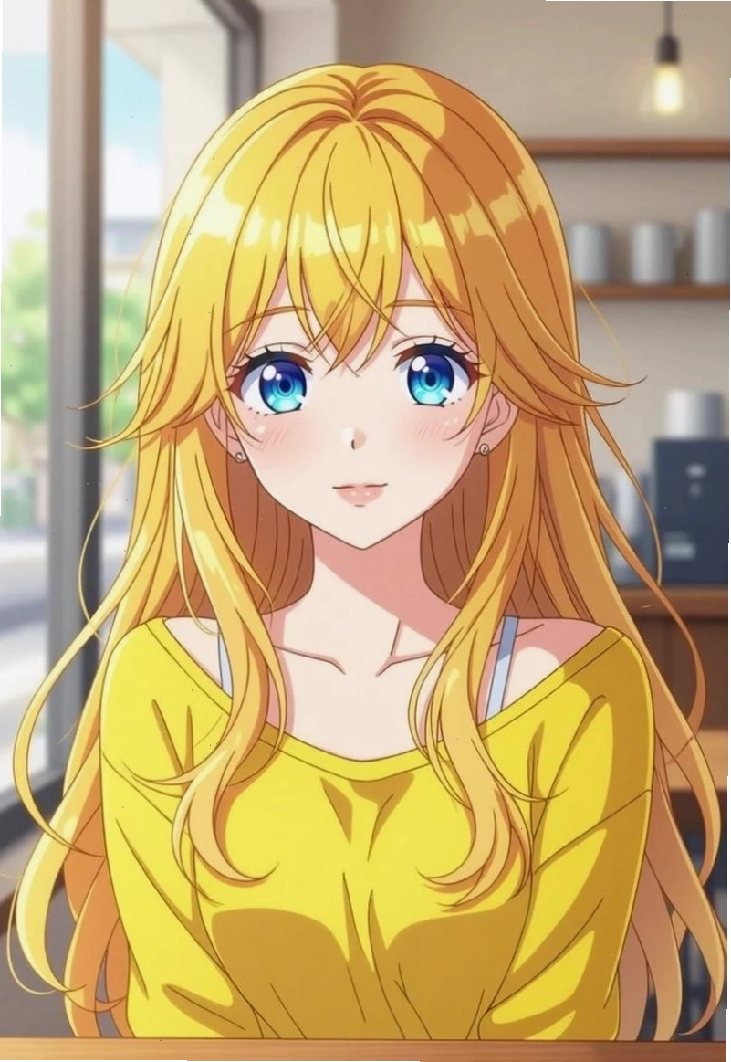 Cô gái anime tóc vàng ngồi bên cửa sổ